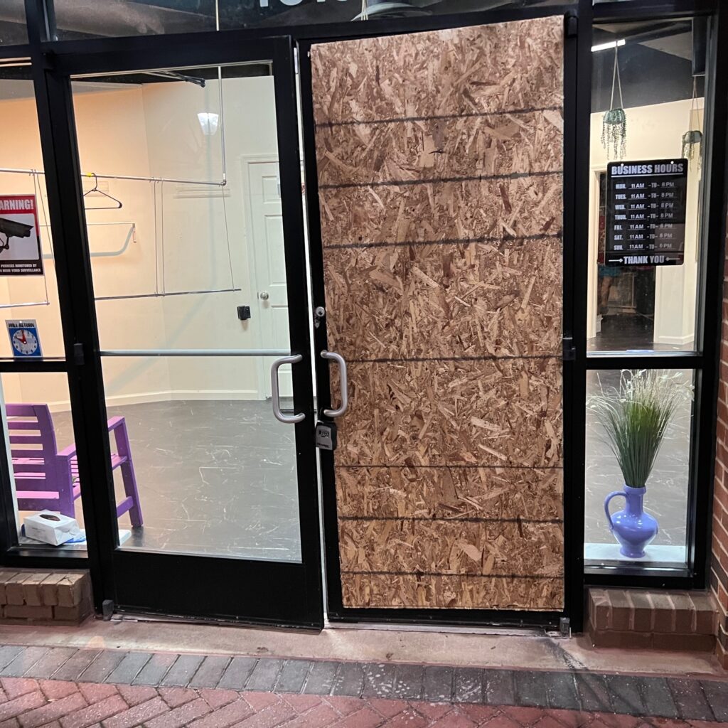 Storefront Door Board up Virginia Maryland Washington DC Commercial Business Building Entrance Break in incident accident Burglary